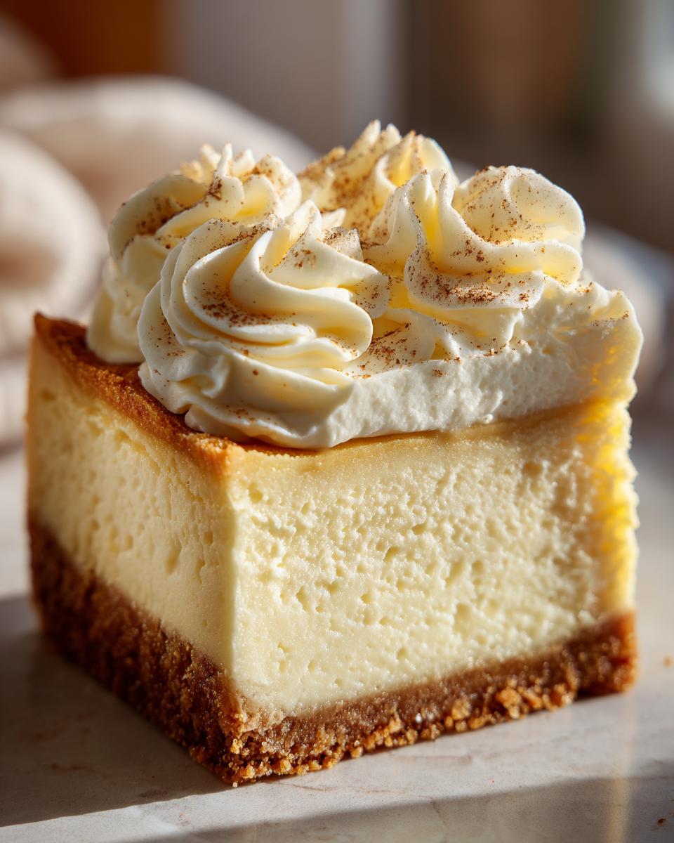 A perfect square slice of creamy eggnog cheesecake with a graham cracker crust and whipped cream topping dusted with nutmeg.