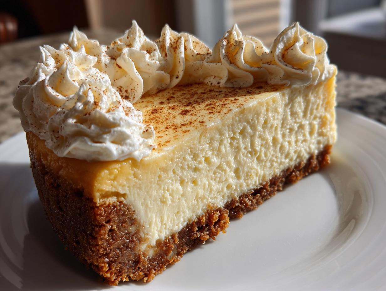A close-up slice of rich eggnog cheesecake recipe topped with piped whipped cream and a dusting of nutmeg.
