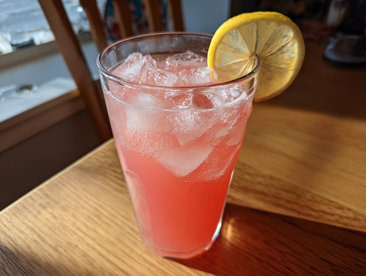 A tall glass filled with ice and bright pink lemonade, garnished with a fresh lemon slice.