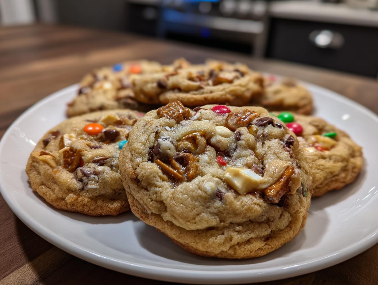 Close-up of several thick, loaded kitchen sink cookies piled on a white plate.
