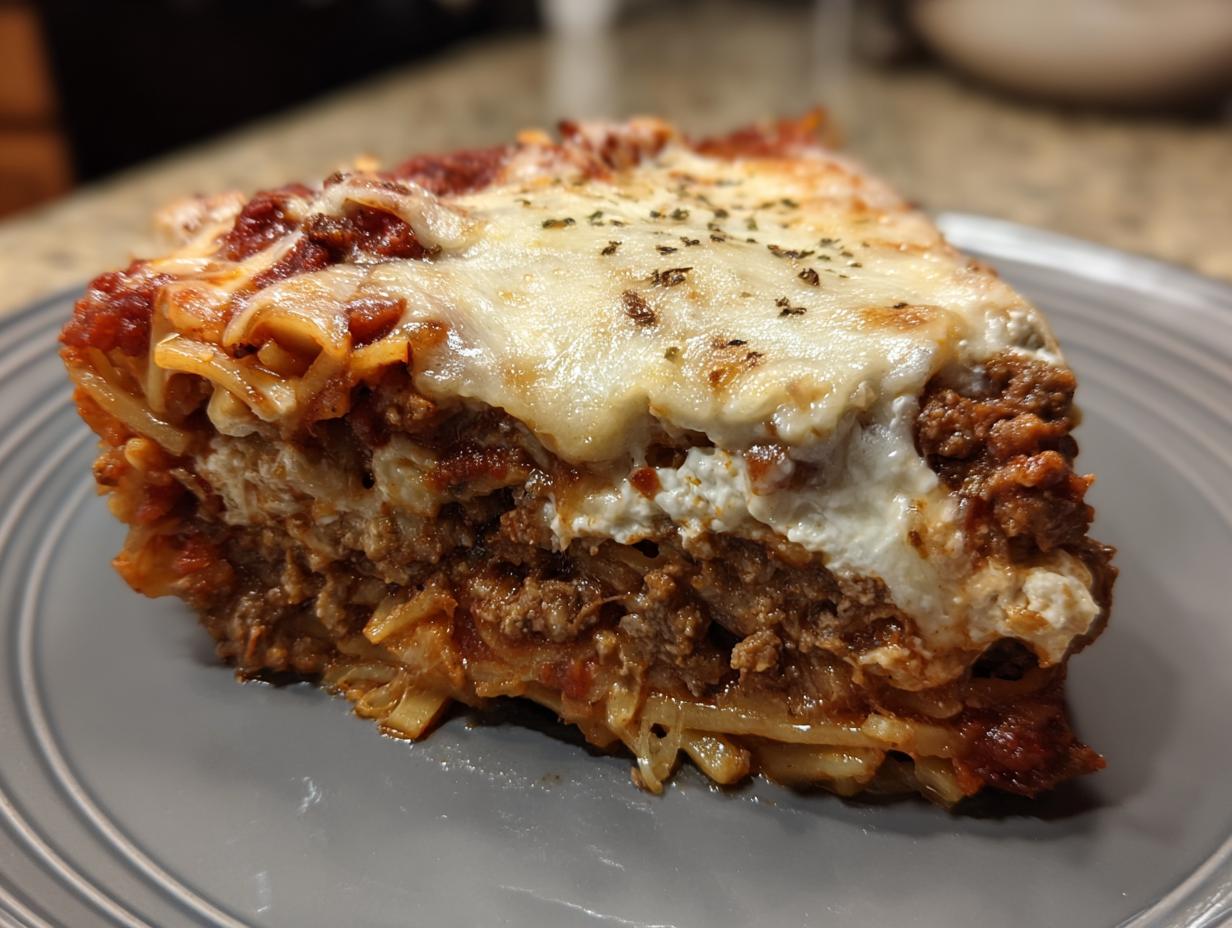 A thick, layered slice of baked spaghetti pie topped with melted mozzarella cheese and herbs.