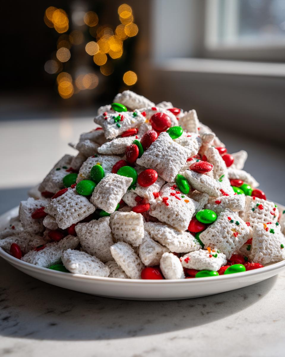 A large mound of white, powdered christmas puppy chow mixed with red and green candies on a white plate.