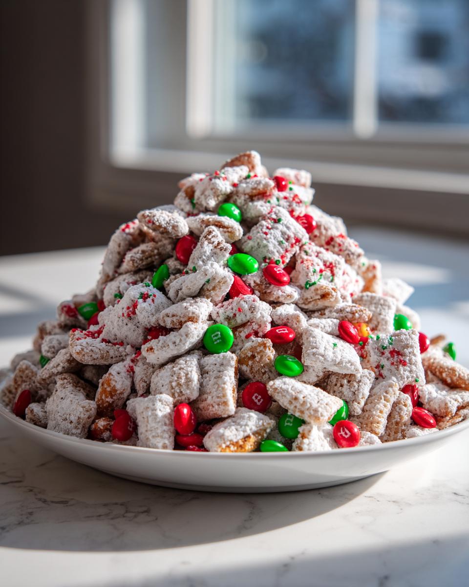 A large mound of homemade christmas puppy chow coated in powdered sugar with red and green candies.