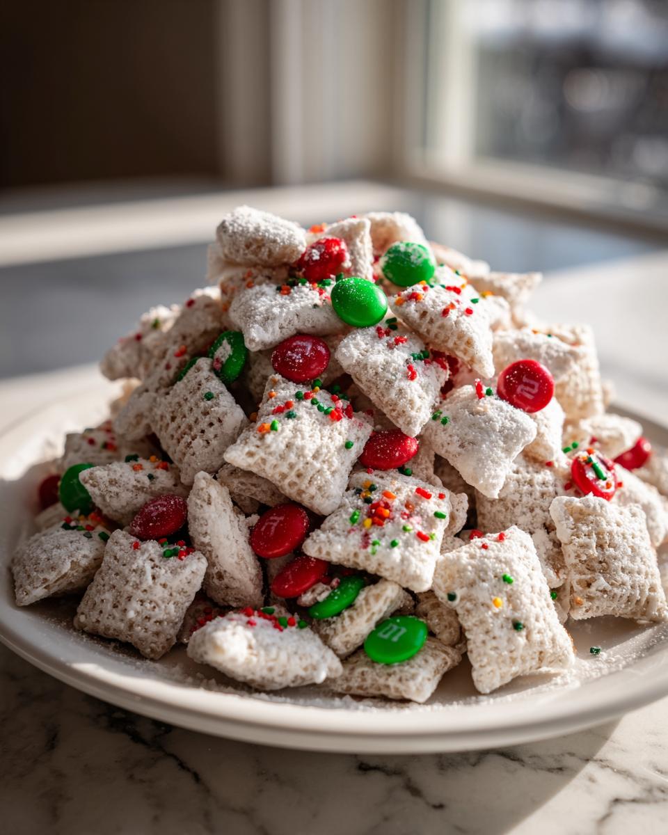 A mound of white powdered christmas puppy chow mixed with red and green candies and sprinkles on a white plate.