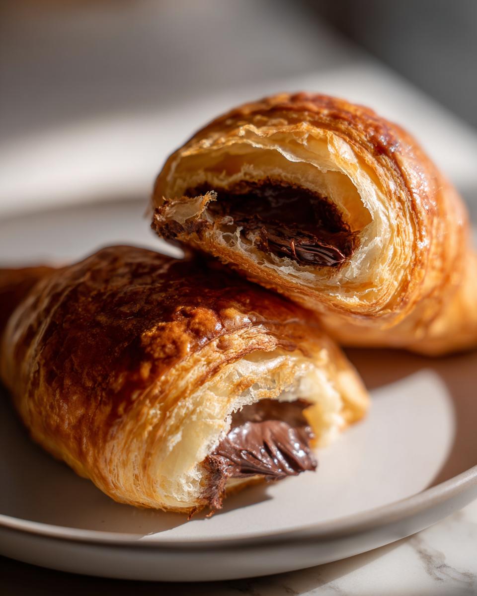 Close-up of a flaky, golden-brown chocolate croissant cut in half, revealing melted chocolate filling inside.