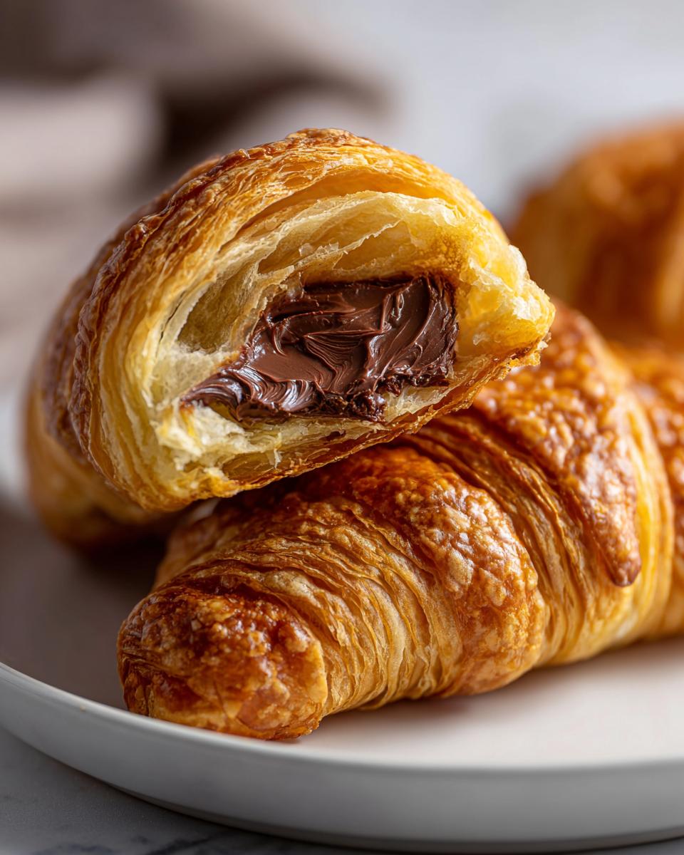 Close-up of a flaky, golden brown chocolate croissant cut in half, revealing rich melted chocolate filling.