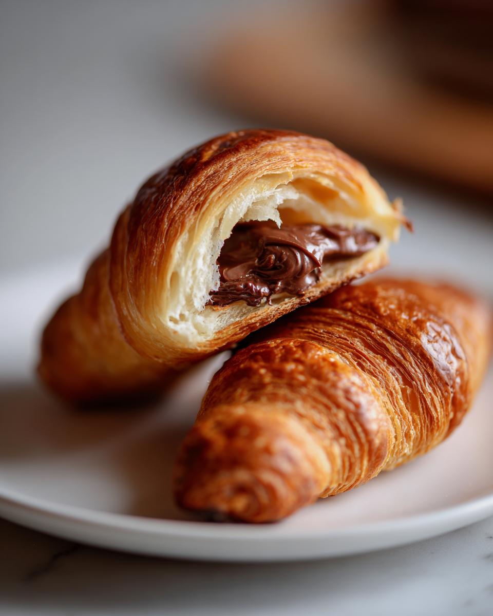A golden brown chocolate croissant cut in half, revealing a gooey chocolate filling inside.