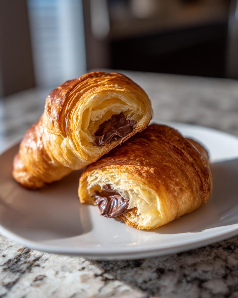 A flaky, golden-brown chocolate croissant cut in half, revealing gooey melted chocolate filling inside.
