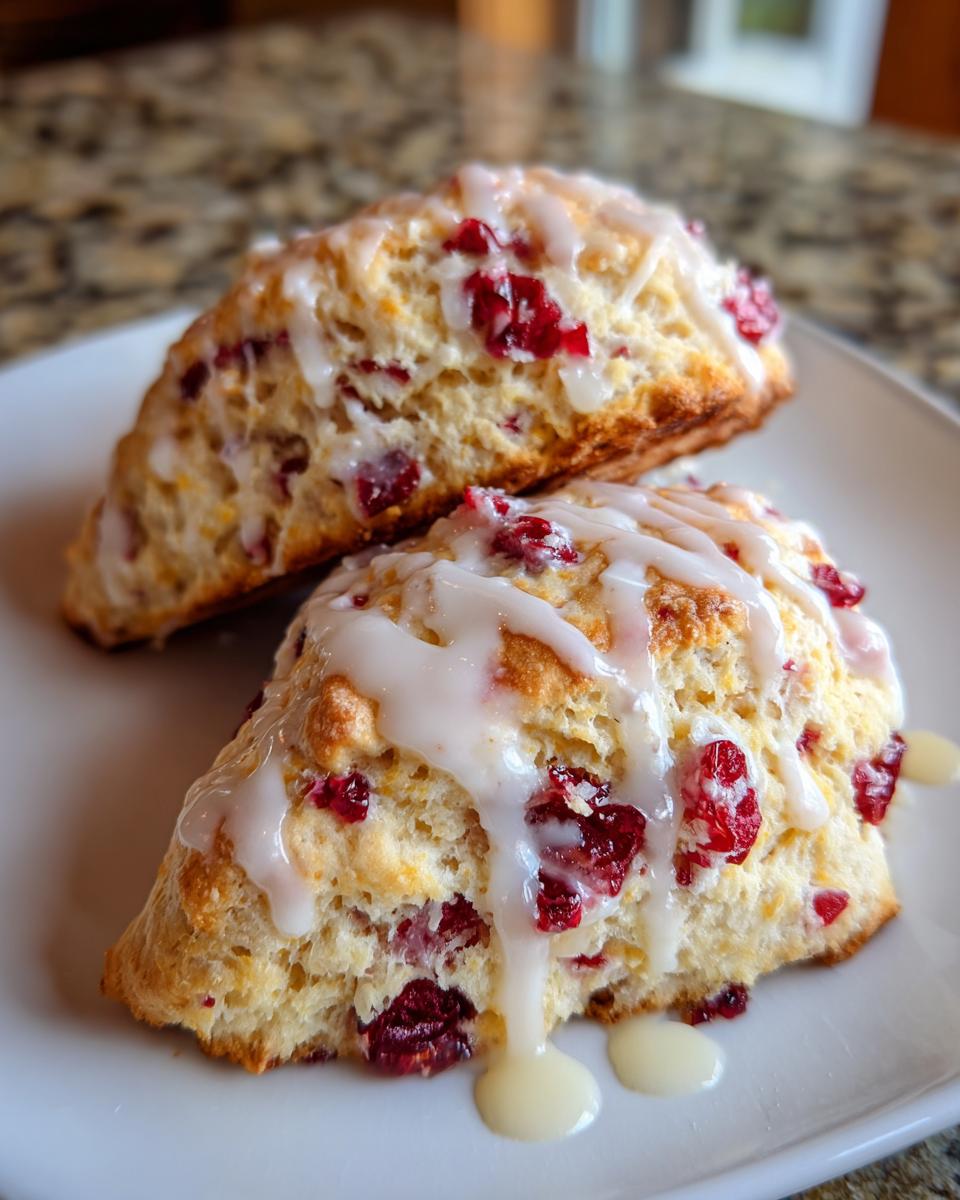 Two flaky cranberry orange scones drizzled generously with a white citrus glaze, served on a white plate.