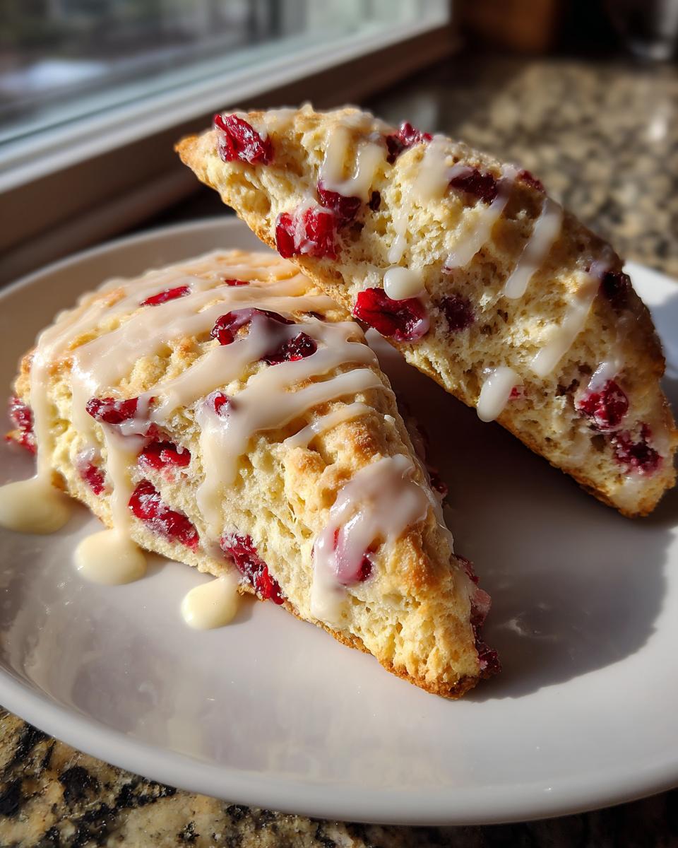 Two halves of flaky cranberry orange scones drizzled generously with white orange glaze, sitting on a white plate.