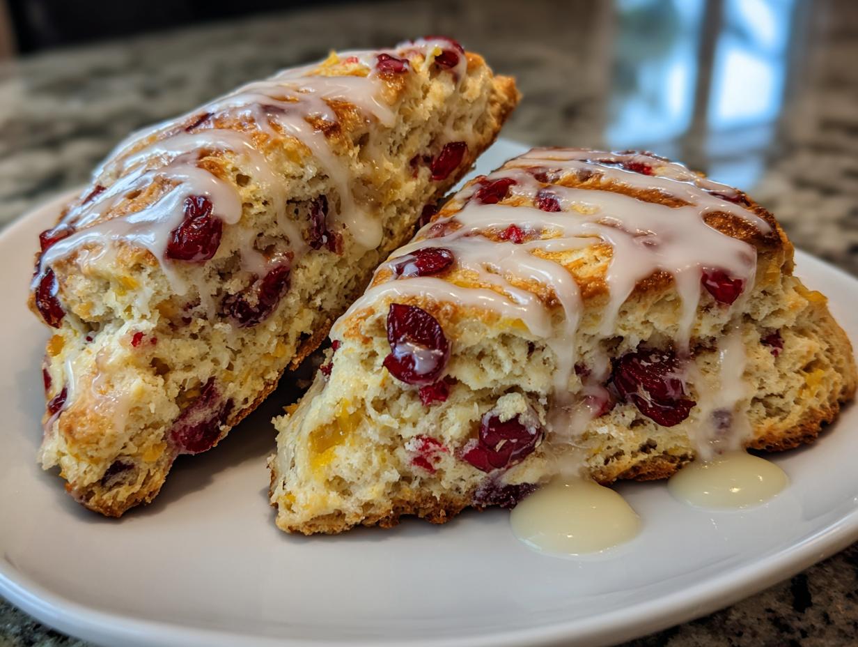 Two flaky cranberry orange scones drizzled generously with white citrus glaze, served on a white plate.