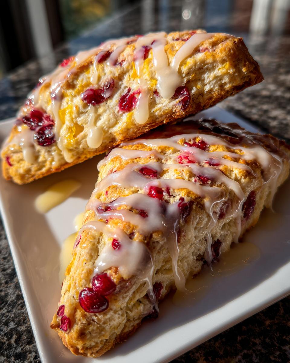 Two flaky cranberry orange scones drizzled with a thick orange glaze, stacked on a white plate.