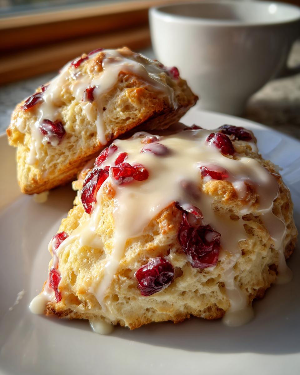 Two flaky cranberry orange scones topped with a thick white glaze, sitting on a white plate next to a coffee cup.