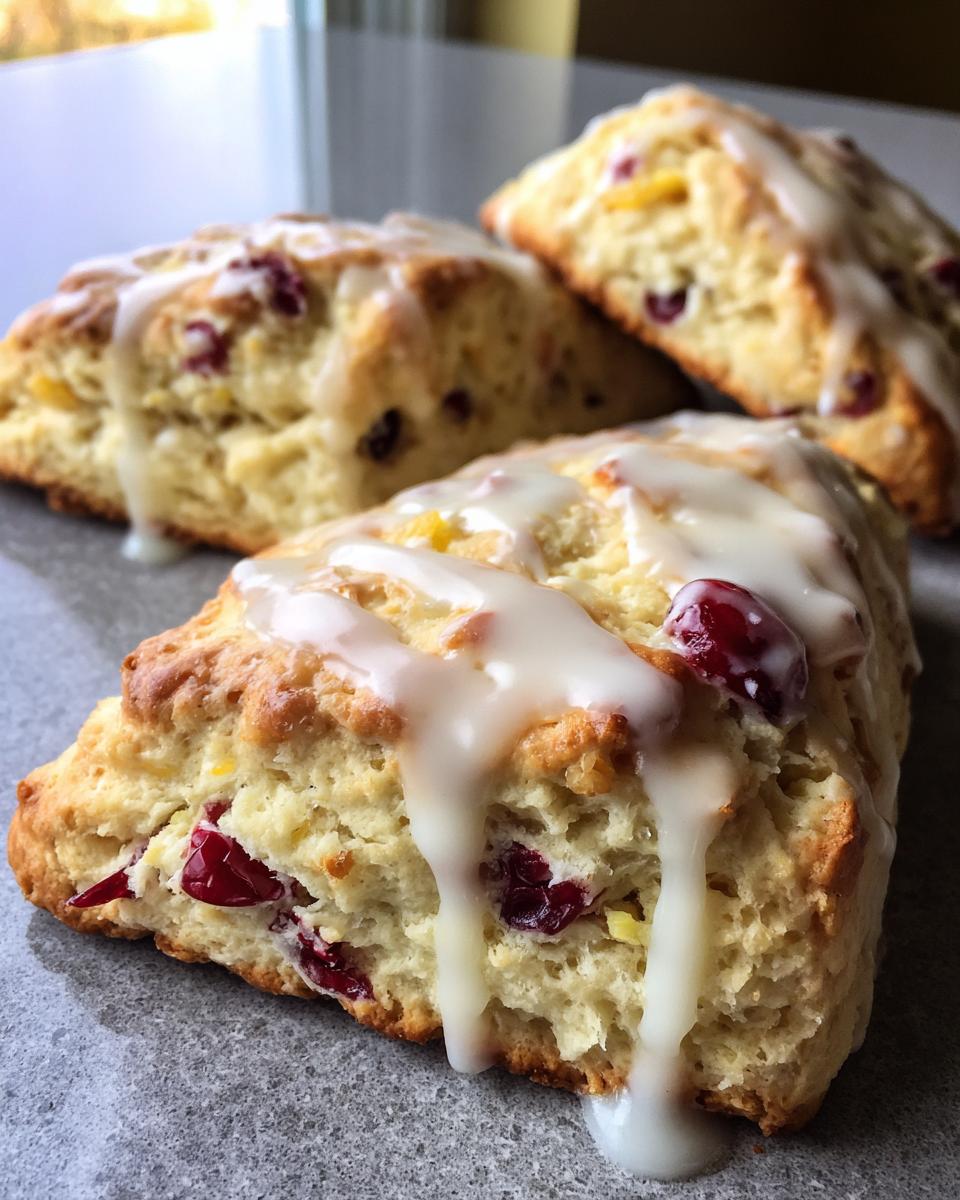 Close-up of three flaky cranberry scones topped with a thick, white vanilla glaze drizzling down the sides.
