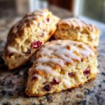 Three flaky cranberry scones drizzled with white vanilla glaze sitting on a granite countertop.