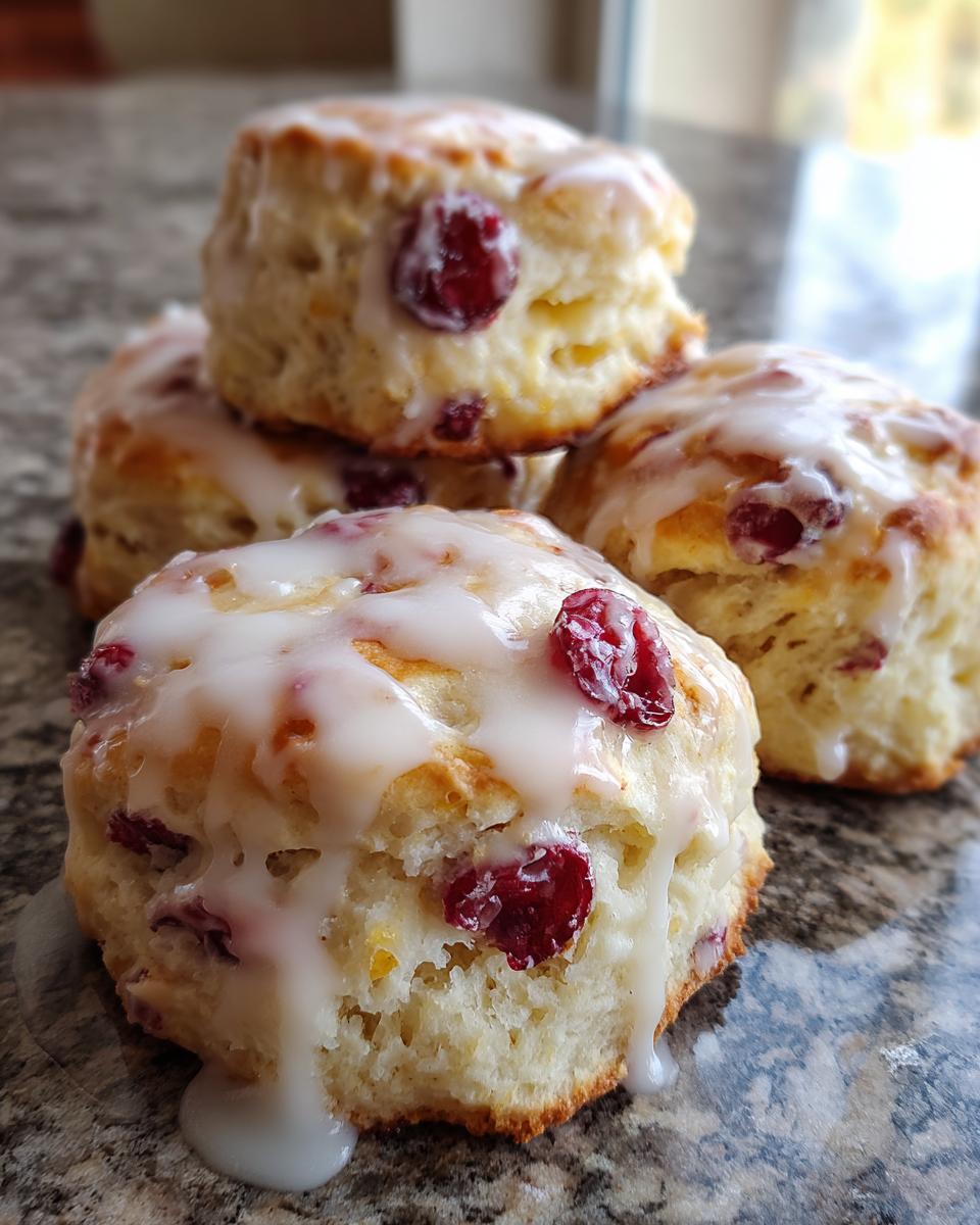A close-up stack of four flaky cranberry scones topped with a thick white glaze.