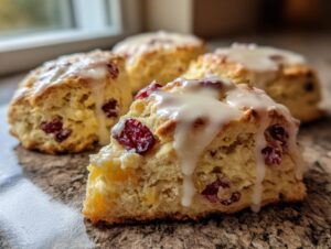 A close-up of a flaky cranberry scone topped with white glaze, with other scones blurred in the background.