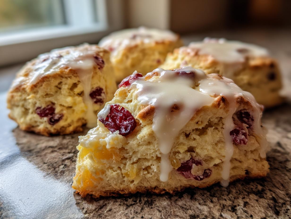 A close-up of a flaky cranberry scone topped with white glaze, with other scones blurred in the background.