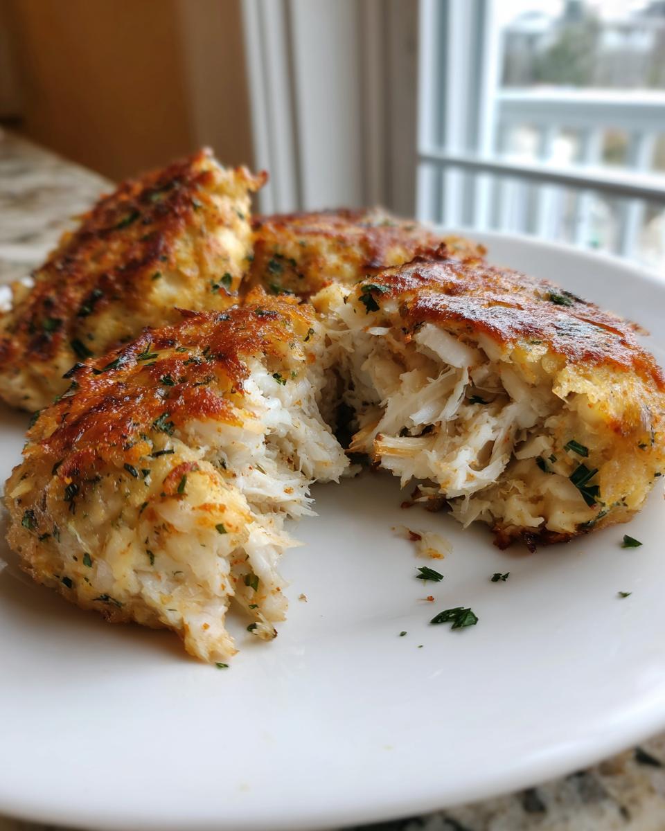 Close-up of a perfectly cooked maryland crab cake broken open to show the flaky white crab meat inside.
