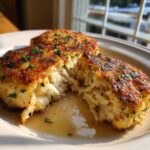 Close-up of a flaky maryland crab cake broken open, showing lump crab meat and butter sauce.