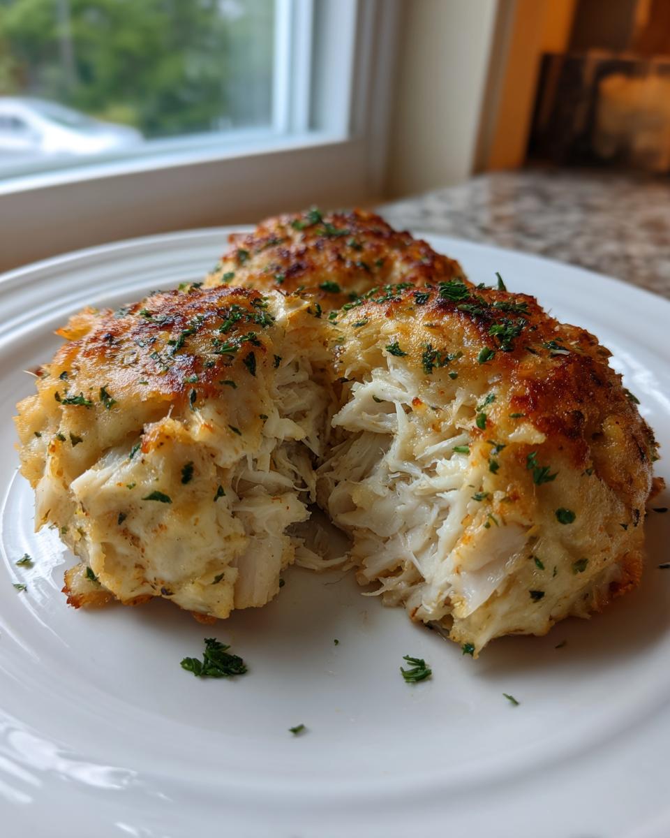 Close-up of a maryland crab cake broken open showing large flakes of white crab meat inside.