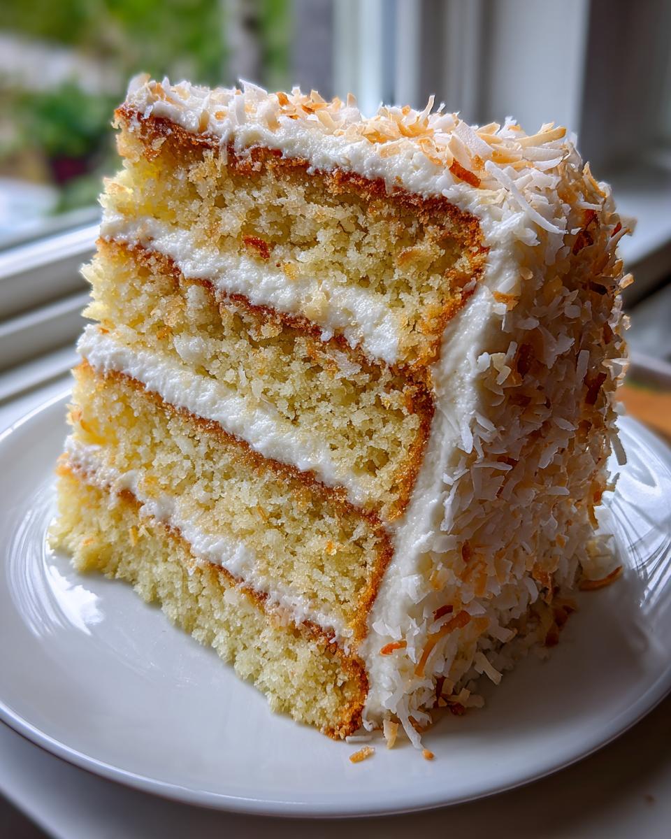 Close-up of a tall slice of layered coconut cake recipe covered in white frosting and toasted coconut flakes.