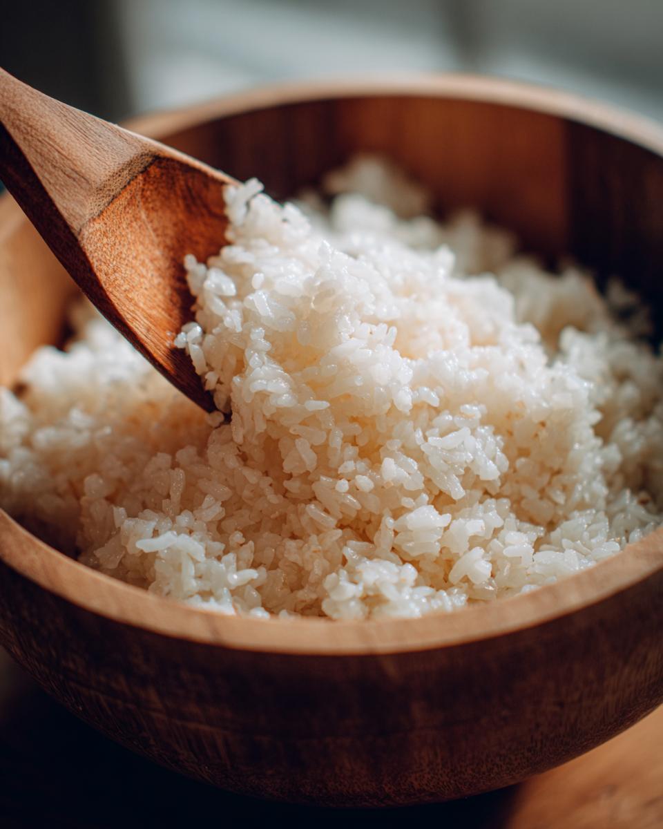 Close-up of fluffy, perfectly seasoned sushi rice being fluffed with a wooden paddle in a traditional wooden bowl.