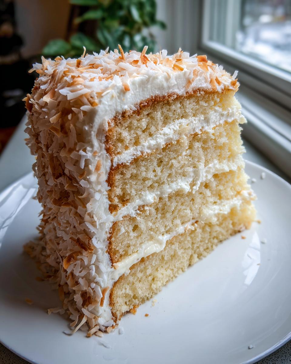 A tall slice of layered coconut cake recipe, frosted with white icing and covered in toasted coconut flakes.