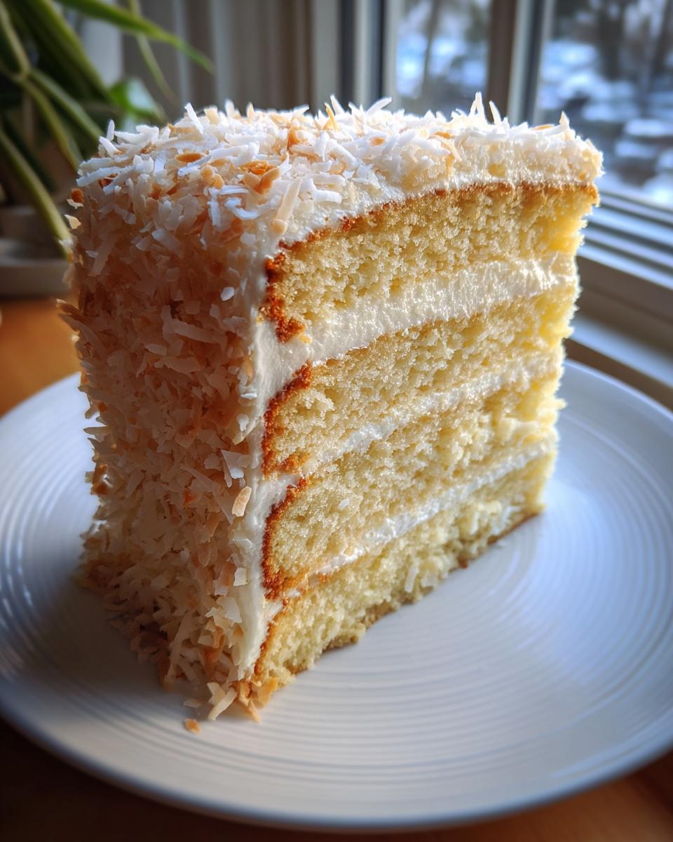 A tall, three-layer slice of moist coconut cake recipe covered in white frosting and toasted coconut flakes.