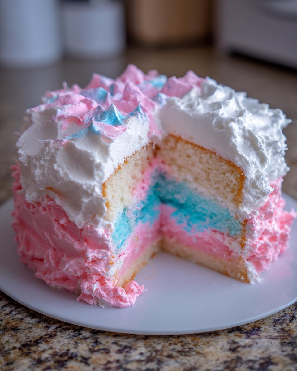 A slice removed from a fluffy cotton candy cake showing pink and blue layers inside and white frosting.