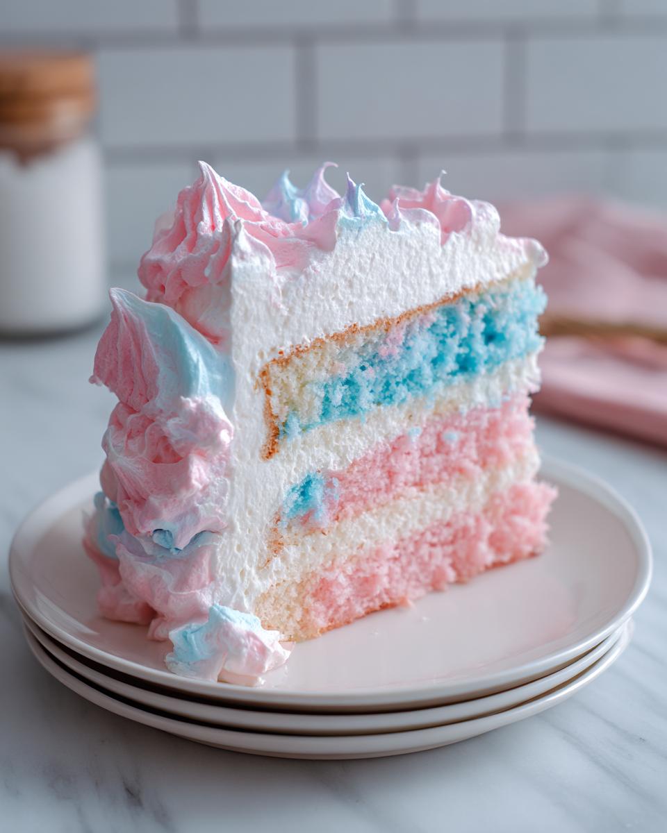 A tall slice of cotton candy cake showing pink, blue, and white layers, topped with pink and blue swirled frosting.