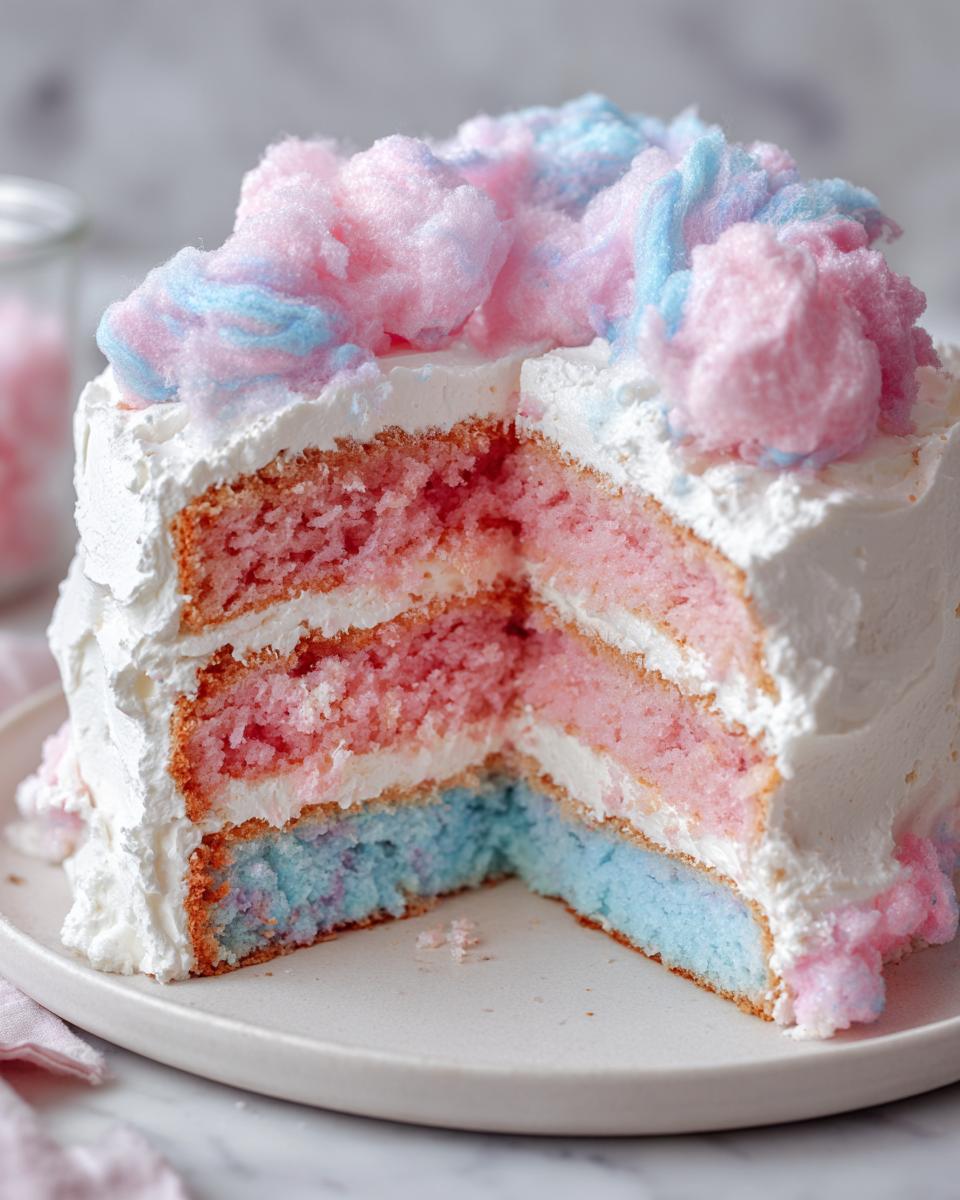 A slice cut from a fluffy cotton candy cake showing pink and blue layers, frosted with white icing and topped with pink and blue cotton candy.