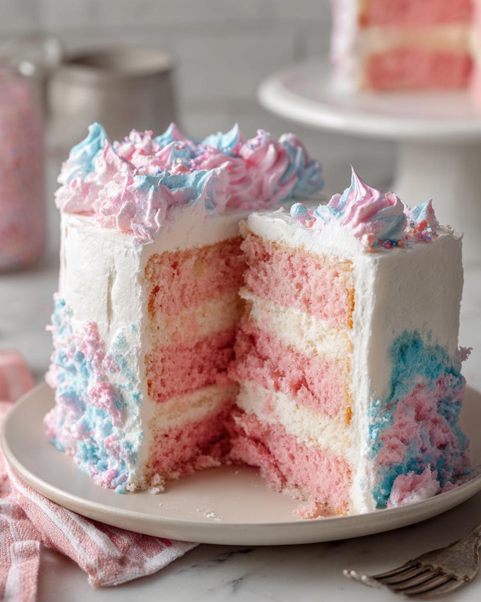 A slice removed from a fluffy cotton candy cake showing pink and white layers, covered in white frosting with pink and blue swirls.