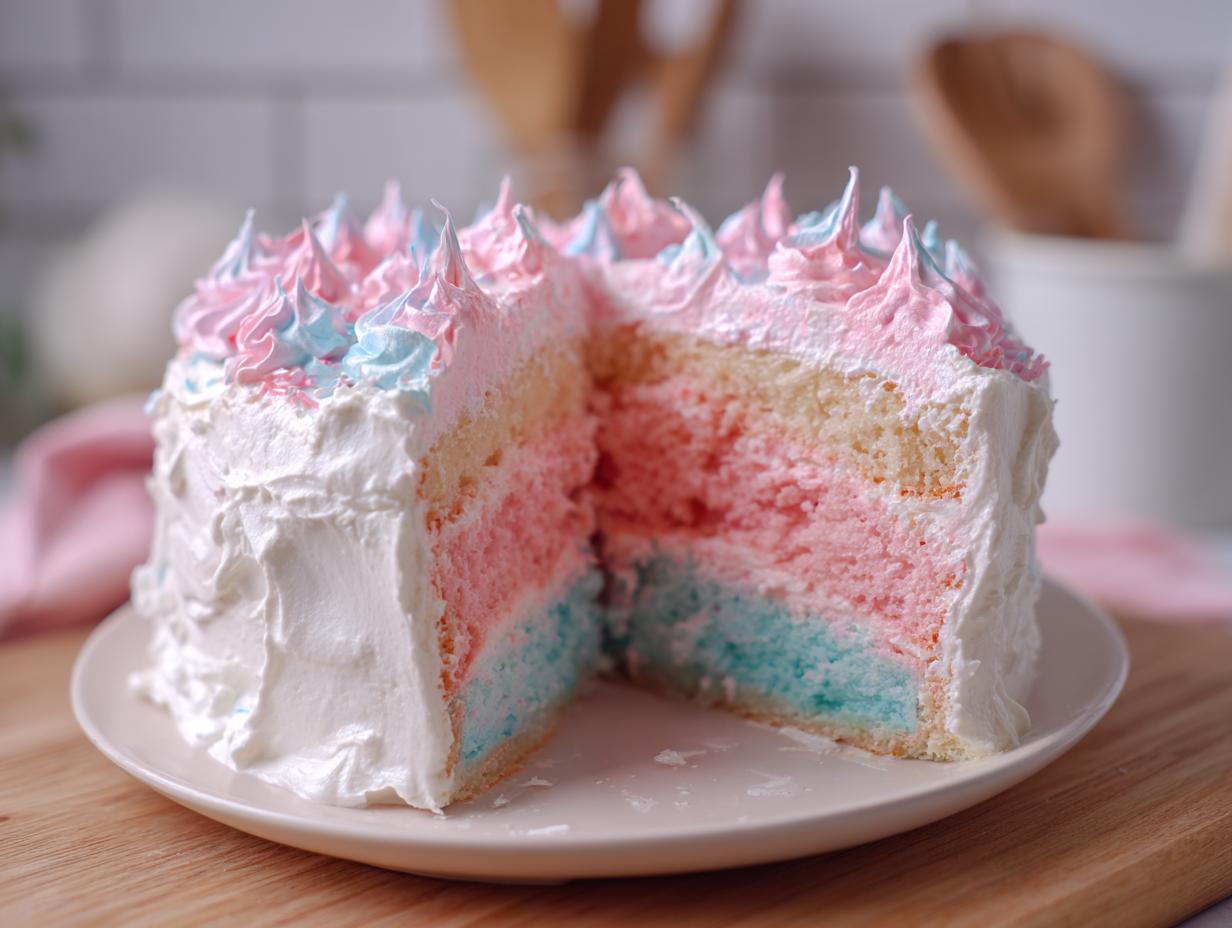 A slice cut from a fluffy cotton candy cake showing pink, blue, and white layers, covered in white frosting and pink/blue piped swirls.
