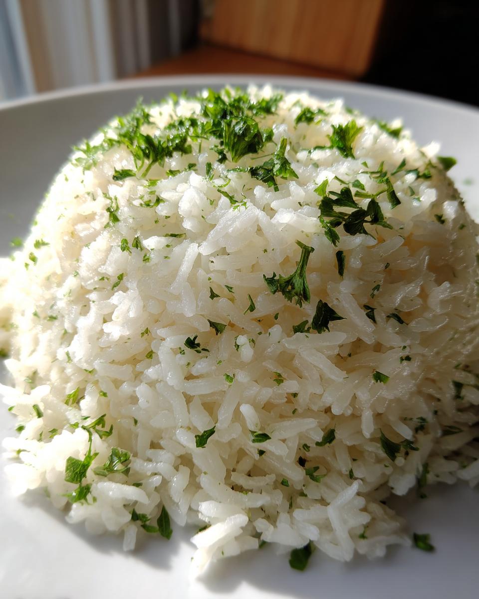 Close-up of fluffy white rice molded into a mound, seasoned with butter and topped with fresh chopped parsley, perfect garlic butter rice.