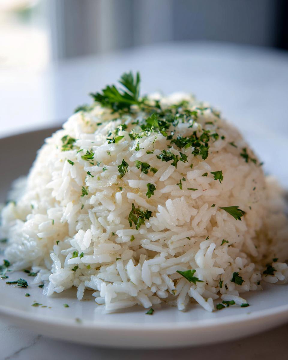 A perfectly molded mound of fluffy garlic butter rice topped with fresh, chopped parsley.