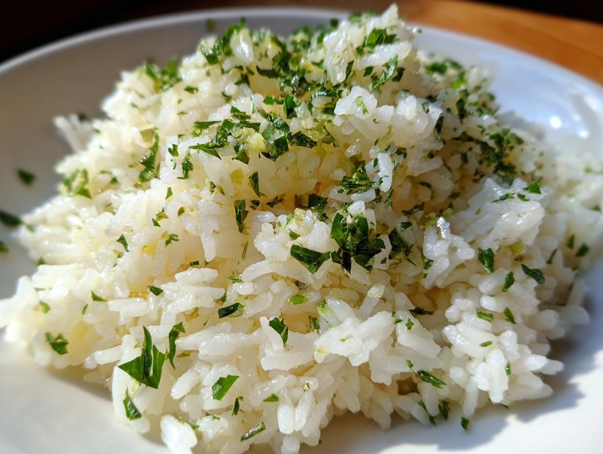 Close-up of fluffy white rice seasoned with butter and topped generously with fresh chopped parsley, perfect garlic butter rice.