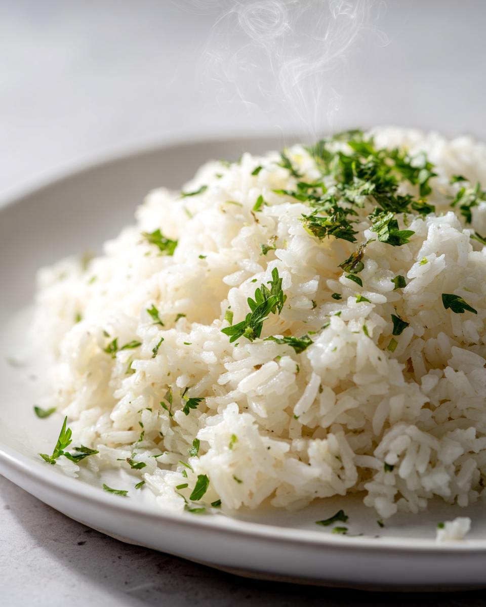 A close-up of fluffy, steaming garlic butter rice topped with fresh chopped parsley on a white plate.