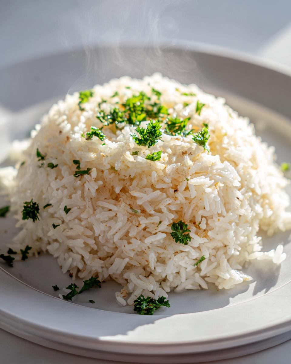 A mound of fluffy, steaming garlic butter rice topped with fresh chopped parsley on a white plate.