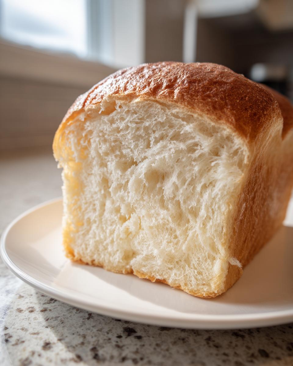 Close-up of a slice showing the incredibly soft, white crumb texture of homemade japanese milk bread.