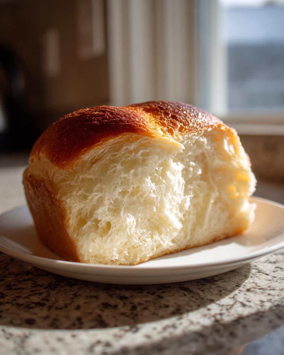 Close-up of a piece of incredibly soft japanese milk bread showing its fluffy, white interior and golden-brown crust.