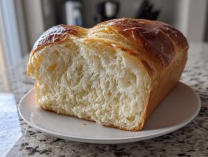 Close-up of a freshly baked japanese milk bread loaf, showing its incredibly soft, fluffy interior and shiny golden crust.
