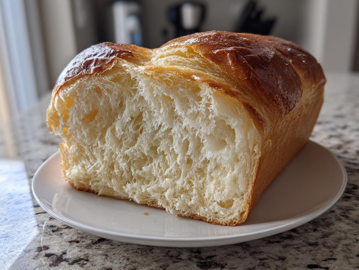 Close-up of a freshly baked japanese milk bread loaf, showing its incredibly soft, fluffy interior and shiny golden crust.