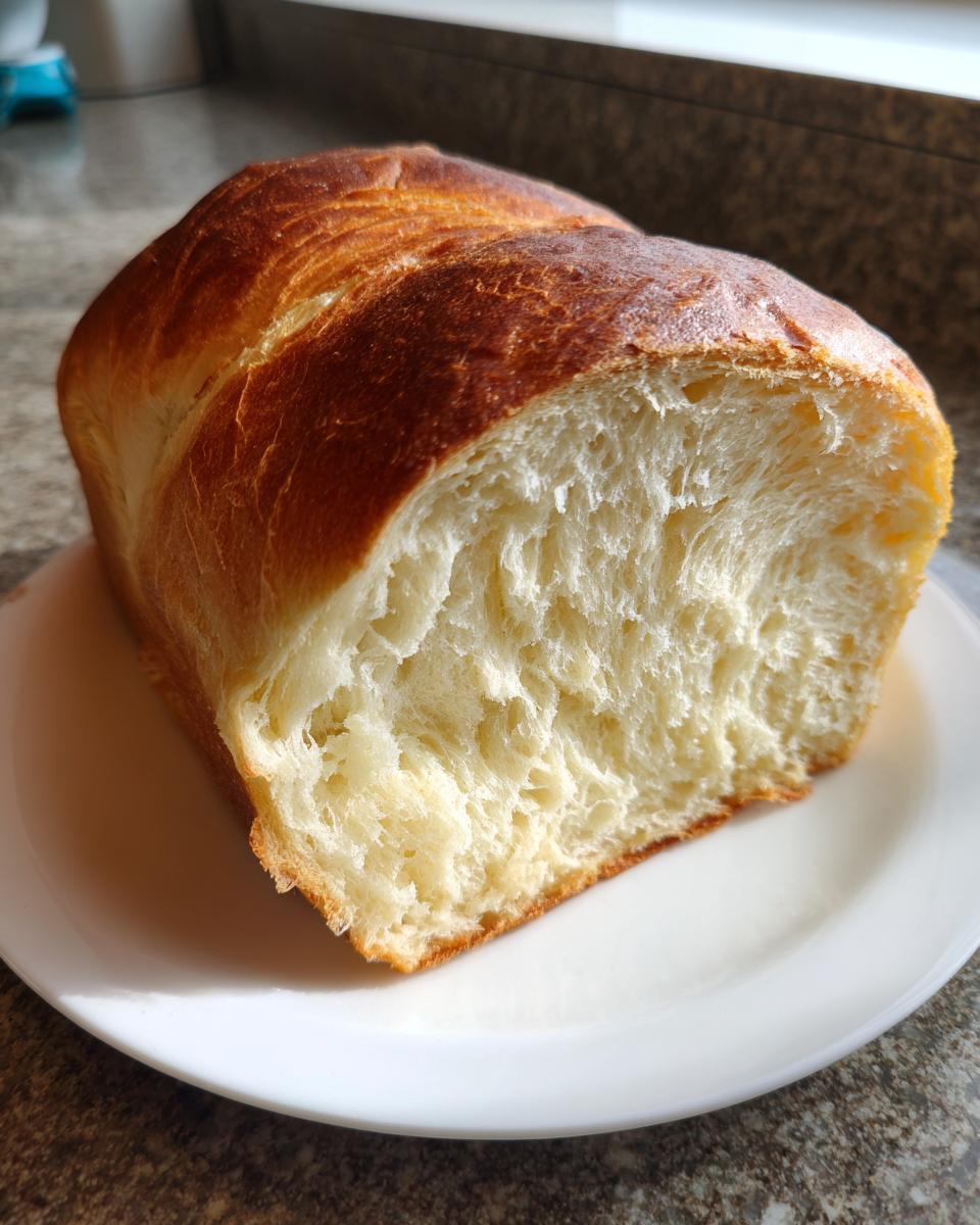 A close-up of a freshly baked loaf of japanese milk bread, showing its incredibly soft, white interior and golden-brown top.