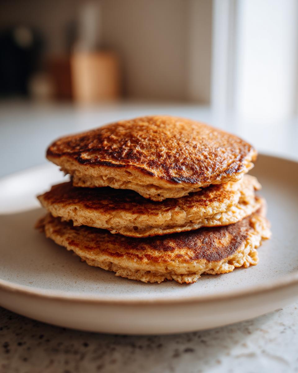 A close-up stack of three fluffy oatmeal pancakes with golden-brown edges on a light ceramic plate.