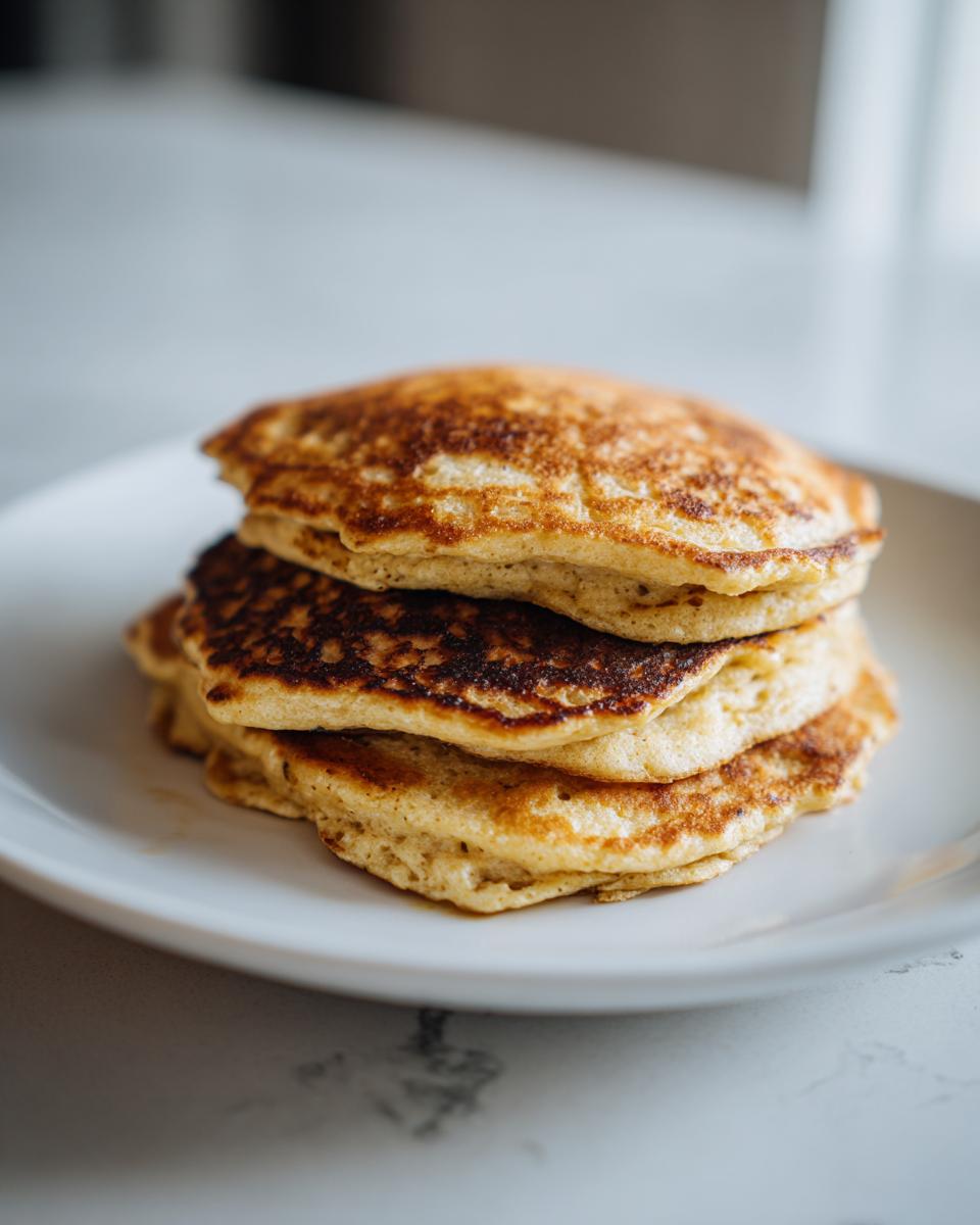 A close-up of a stack of three golden-brown oatmeal pancakes served on a white plate.