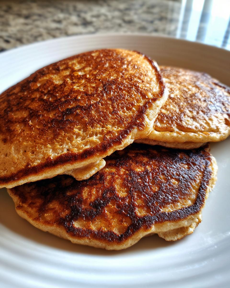 Close-up of three fluffy oatmeal pancakes stacked on a white plate, showing a deep golden-brown, slightly crispy exterior.