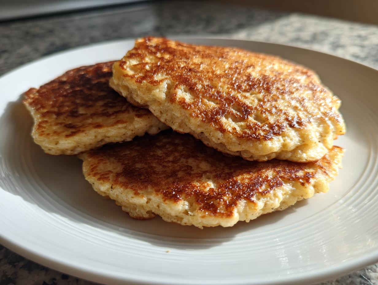 Three golden brown, fluffy oatmeal pancakes stacked on a white plate, showing texture from the oats.
