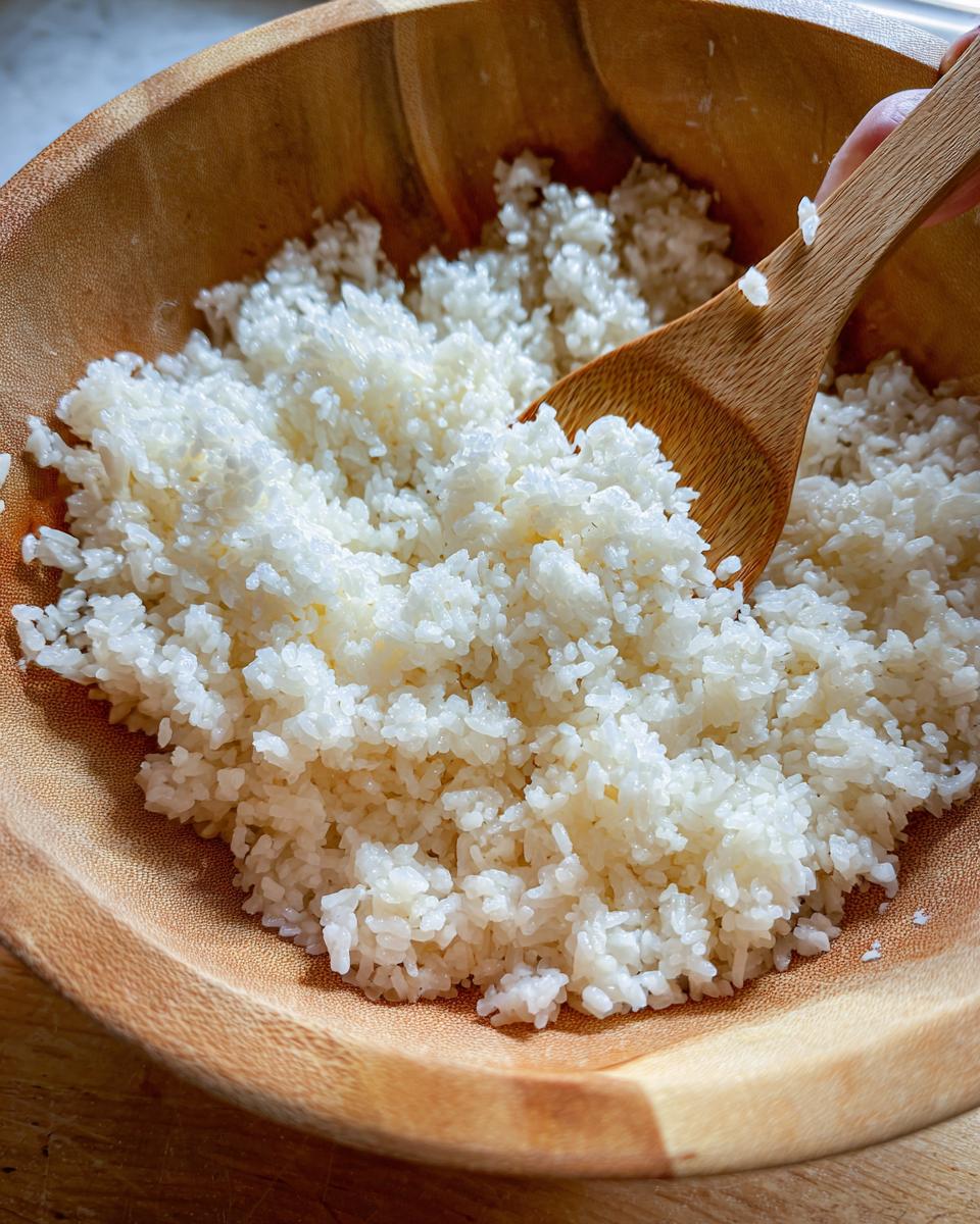 Close-up of perfectly cooked sushi rice being gently mixed with a wooden paddle in a traditional wooden hangiri bowl.