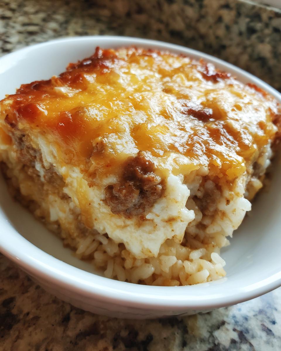 A close-up serving of french onion ground beef and rice casserole topped with melted, browned cheese.